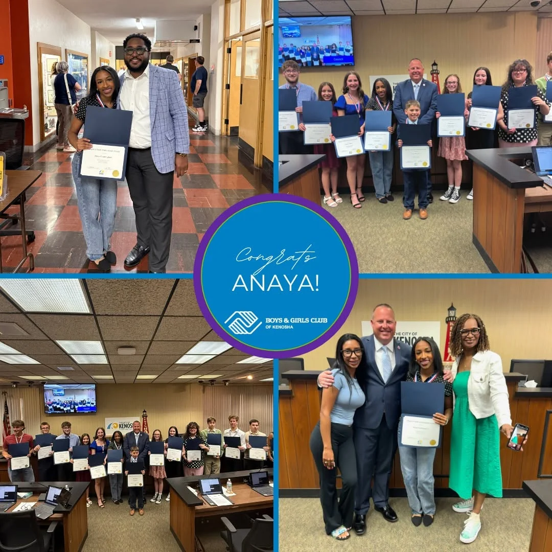 Collage that reads Congrats Anaya!, with photos of Anaya and other youth receiving certificates