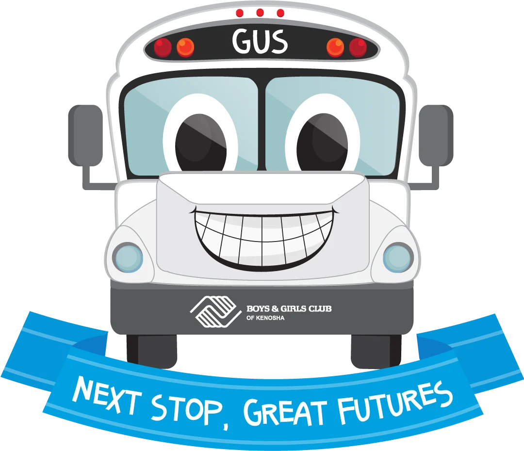 Gus The Bus Logo Gus the Bus, a smiling cartoon school bus, with the words Next Stop, Great Futures